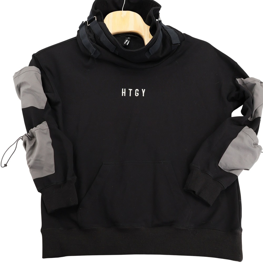 HTGY Mens Techwear Hoodie Black Grey Utility Pocket Buckle Cowl Neck Sweatshirt